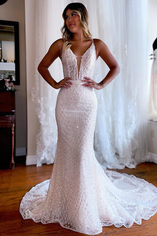 Dazzling Backless Sparkly Mermaid White Lace Wedding Dress with Sweep Train