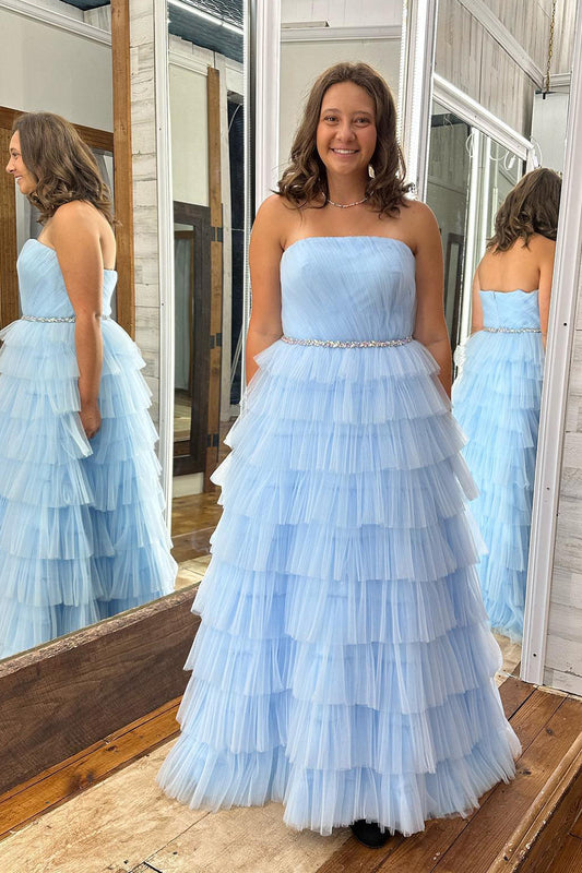 Sparkly Light Blue Beaded Tiered Strapless Long Tulle Prom Dress