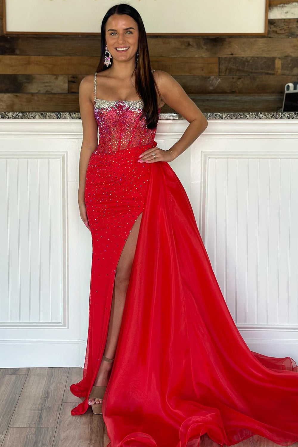 Glitter Red Mermaid Long Corset Prom Dress With Slit