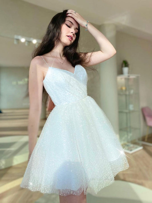 A-Line Puffy White Short Prom Dress White Homecoming Dress