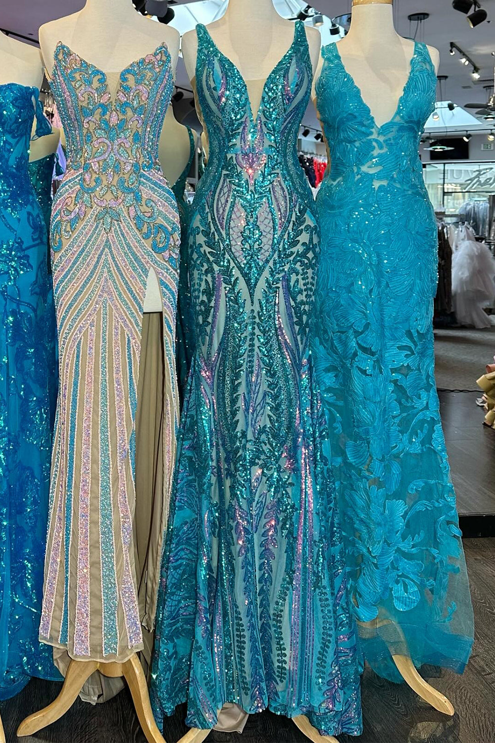 Sparkly Blue Metallic Long Backless Sequins Prom Dres with Slit