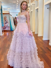 Kaia Dressystars A Line Chic Sweetheart Collar Tiered Ruffled Tulle Material Long Prom Dress