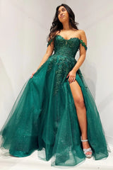 Elliana Dressystars  Glitter Emerald Delicate Appliques Off-the-shoulder A-Line Long Prom Dress