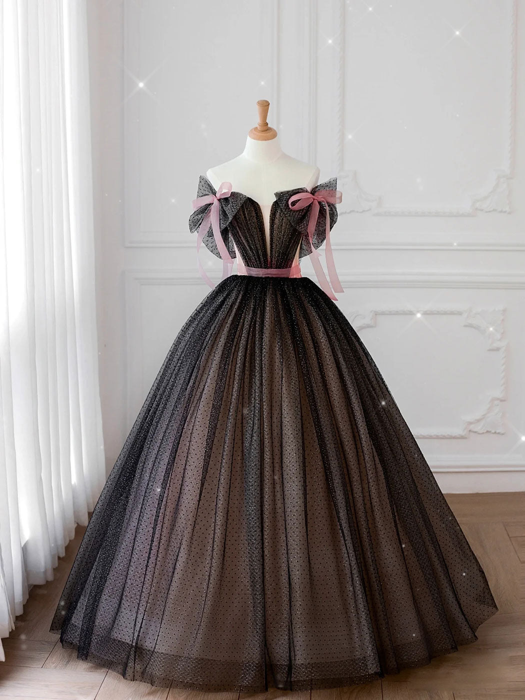 Black Off-Shoulder Tulle Long Prom Dress Black Tulle Formal Dress