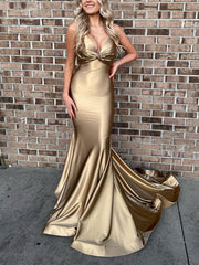 Simple Gold Satin Mermaid Long Prom Dress Gold Evening Dress