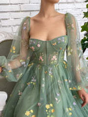 Green Tulle Lace Tea-Length Prom Dress Green Evening Dress