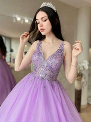 Purple V-Neck Tulle Lace Long Prom Dress Purple Tulle Formal Dress