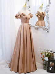 A-Line Off-Shoulder Satin Champagne Long Prom Dress Champagne Formal Dress