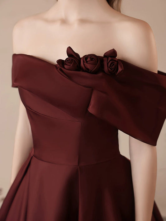 A-Line Off-Shoulder Satin Burgundy Long Prom Dress Burgundy Long Formal Dress