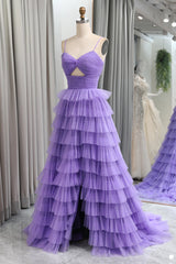 Purple Tulle A Line Tiered Long Prom Dress With Front Slit