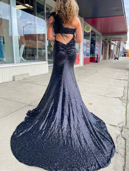 One Shoulder Shiny Unique Glamorous Black Mermaid Prom Dress