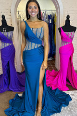 Sparkly Royal Blue Mermaid One Shoulder Long Corset Prom Dress With Slit