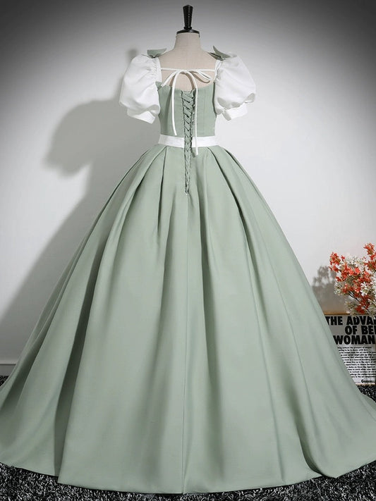 A-Line Puff Sleeves Satin Green Long Prom Dress Green Long Formal Dress