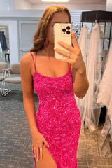 Mermaid Red Sequins Long Prom Dress with Slit