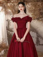 A-Line Off-Shoulder Satin Burgundy Long Prom Dress