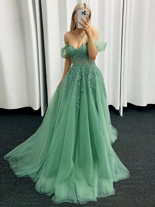 A-Line Off-Shoulder Tulle Lace Green Long Prom Dress Green Long Formal Dress