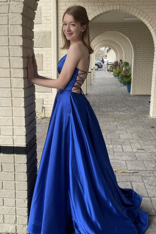 Simple Blue V-Neck Satin Long Prom Dress Blue Formal Dress