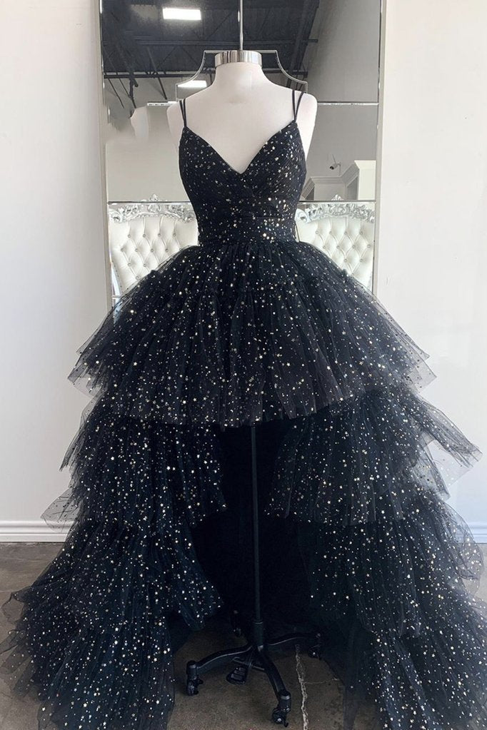 Black V-Neck Tulle Long Prom Dress Black Evening Dress