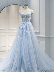 A-Line Sweetheart Neck Blue Lace Long Prom Dress Blue Formal Dress