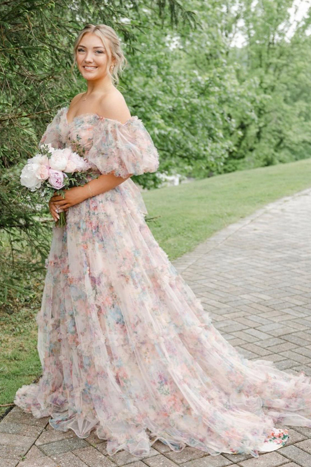 Red Floral Off the Shoulder Long Prom Dress