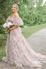 Red Floral Off the Shoulder Long Prom Dress