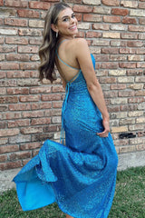 Sparkly Royal Blue Mermaid Sequins Long Prom Dress with Slit