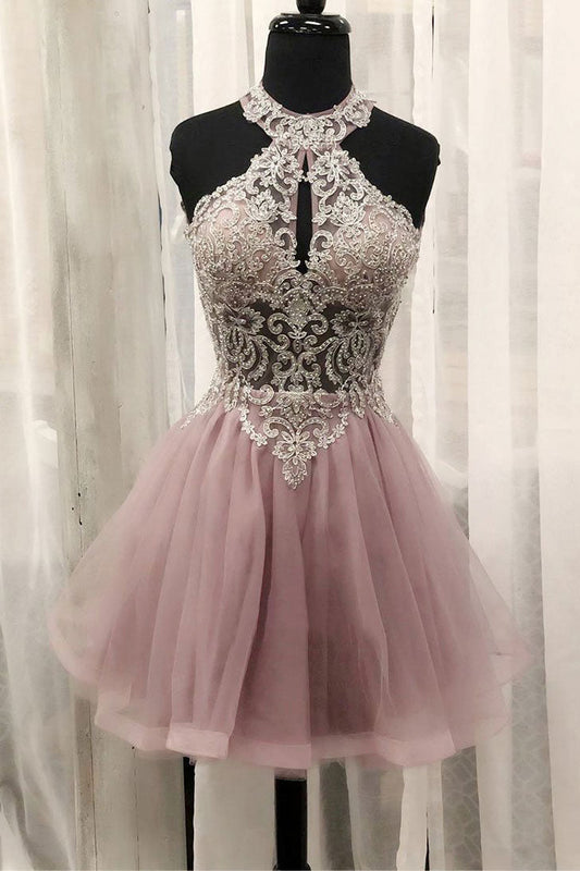 Pink Tulle Lace Short Prom Dress Pink Homecoming Dress