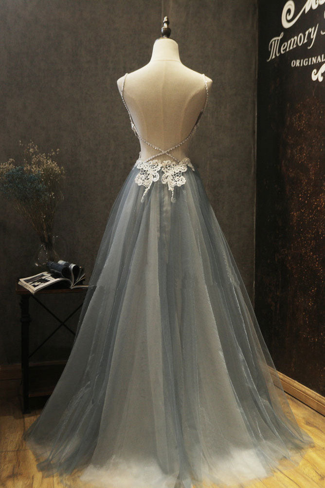 Gray Sweetheart Neck Lace Appliqu¨¦ Tulle Long Prom Dress Gray Evening Dress