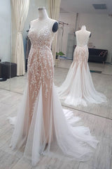 Champagne Tulle Mermaid Long Prom Dress Tulle Lace Evening Dress