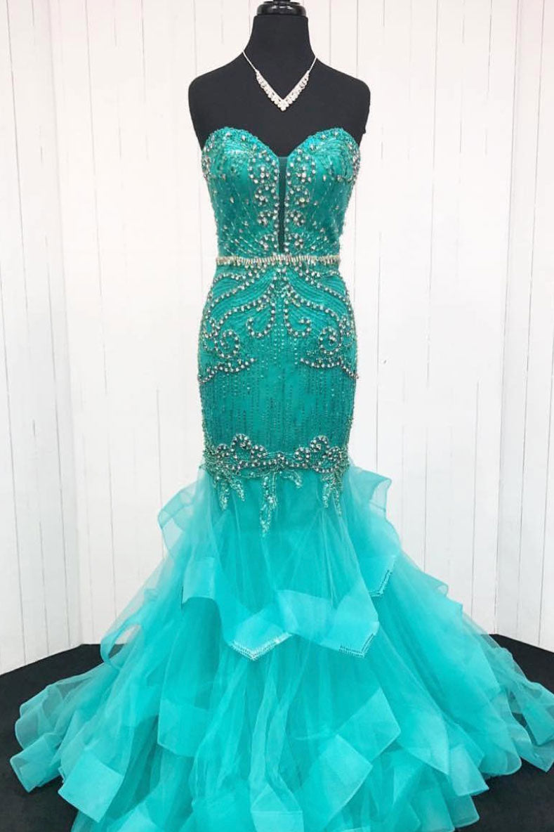 Green Sweetheart Tulle Beaded Long Prom Dress Green Evening Dress