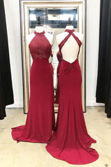 Burgundy Chiffon Lace Mermaid Long Prom Dress Burgundy Formal Dress