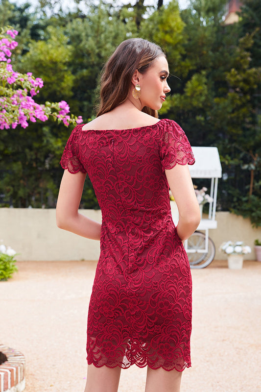 Burgundy Square Neck Sheath/Column Short Sleeve Lace Dress