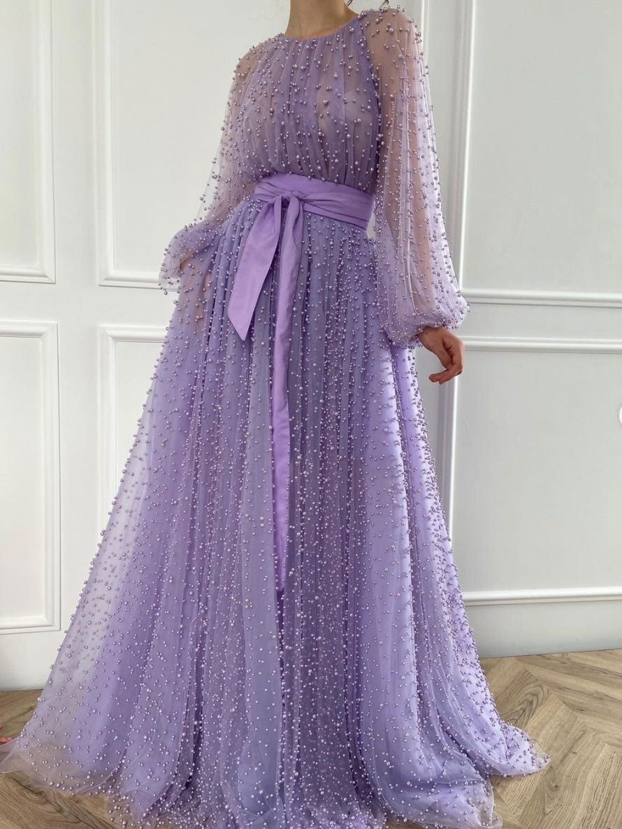 Purple Round Neck Tulle Beaded Long Prom Dress Purple Evening Dress