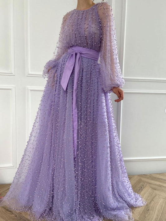 Purple Round Neck Tulle Beaded Long Prom Dress Purple Evening Dress