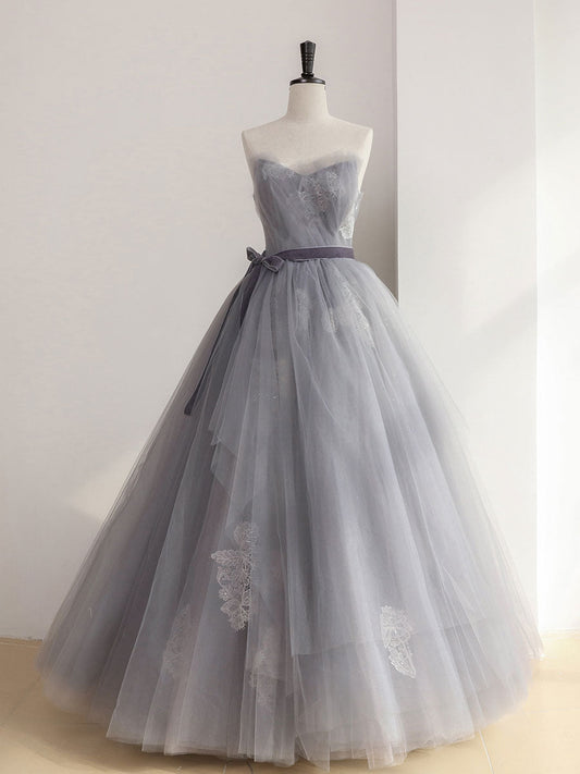 Gray Tulle Lace Long Prom Dress Gray Sweet 16 Dress