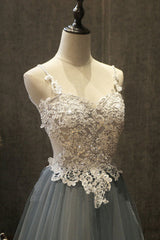 Gray Sweetheart Neck Lace Appliqu¨¦ Tulle Long Prom Dress Gray Evening Dress