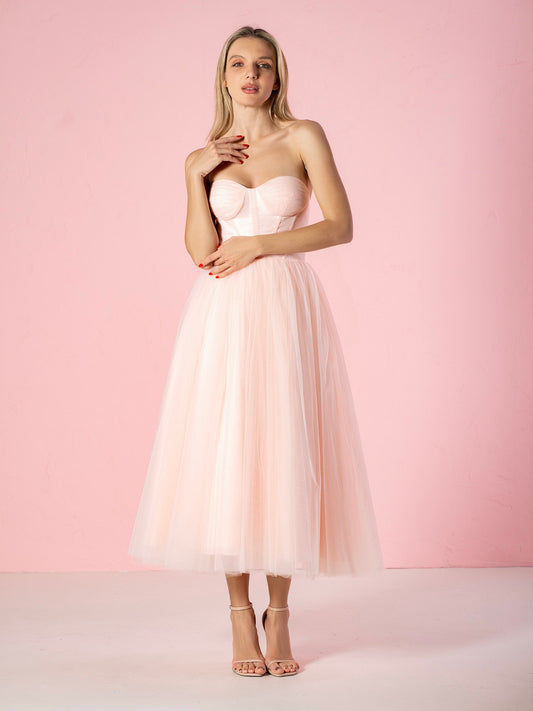 Lightweight Strapless Puffy Midi Tulle Material Dress