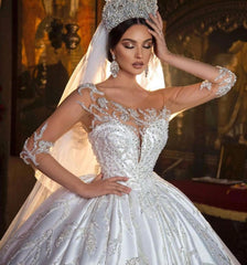 Gorgeous Long Princess Sweetheart Satin Wedding Dress with Sleeves