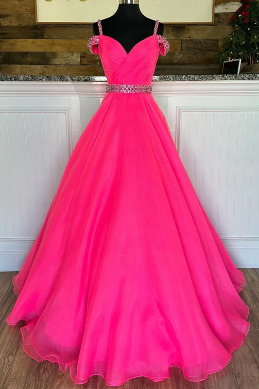 Hot Girly Pink Delicate Beaded  Off-the-shoulder A-Line Prom Dress