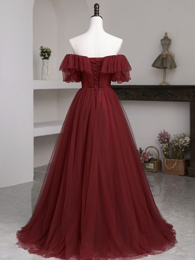 Simple A-Line Burgundy Tulle Long Prom Dress Burgundy Tulle Formal Gown