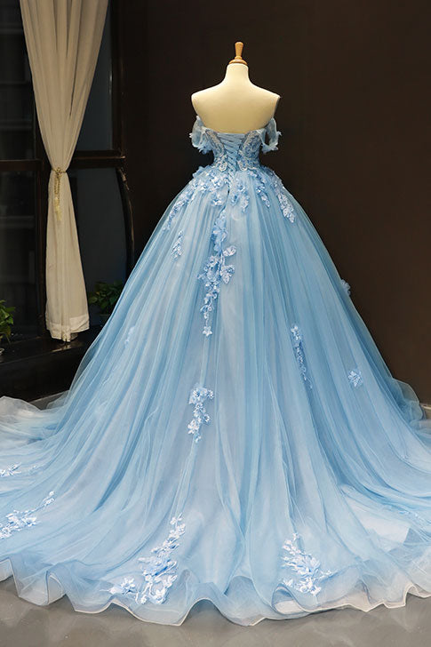 Blue Off-Shoulder Tulle Lace Long Prom Dress Blue Evening Dress