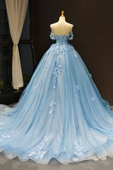 Blue Off-Shoulder Tulle Lace Long Prom Dress Blue Evening Dress