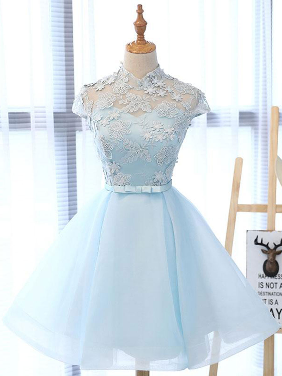 Blue High Neck Tulle Lace Short Prom Dress Blue Cocktail Dress