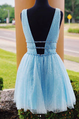 Blue V-Neck Tulle Short Prom Dress Blue Tulle Homecoming Dress