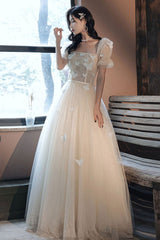 Champagne Tulle Appliqu¨¦ Long Prom Dress Tulle Formal Dress