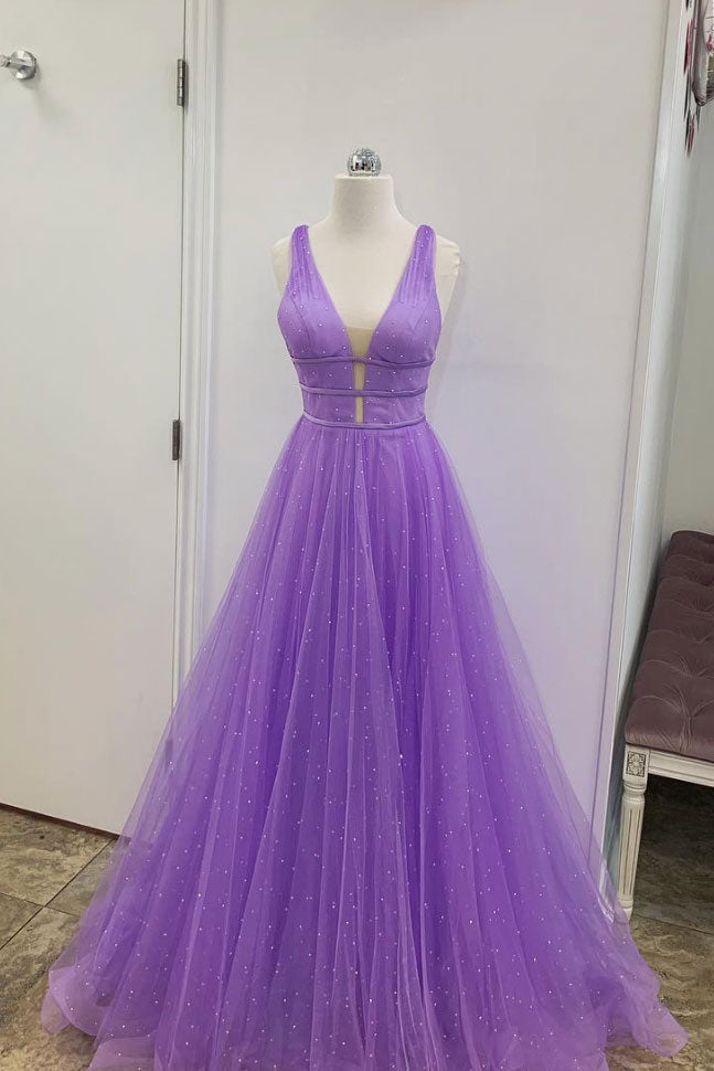 Purple V-Neck Tulle Long Prom Dress Purple Tulle Formal Dress