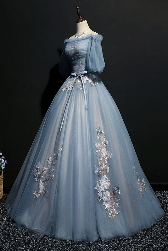 Unique Gray Blue Tulle Lace Appliqu¨¦ Long Prom Dress Gray Blue Evening Dress