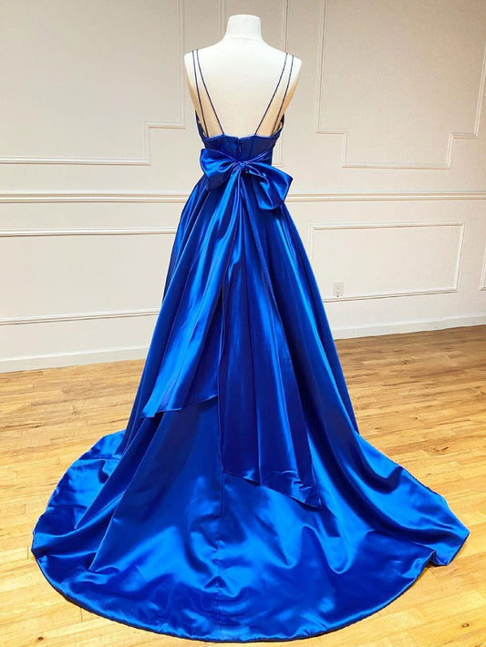 Blue V-Neck Satin Long Prom Dress Blue Evening Dress