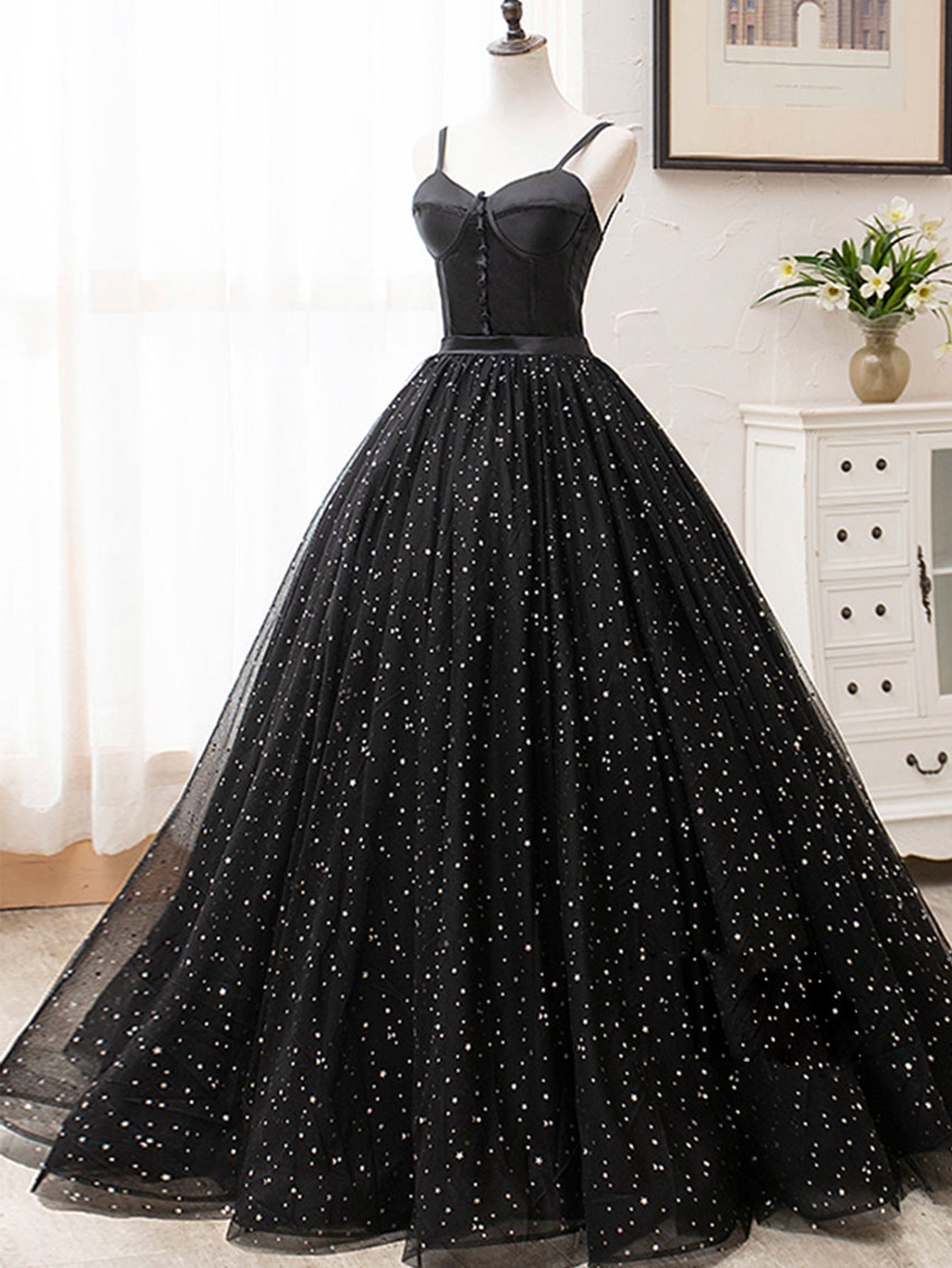 Sexy V Neck Glitter Glamorous Black Long Prom Dress