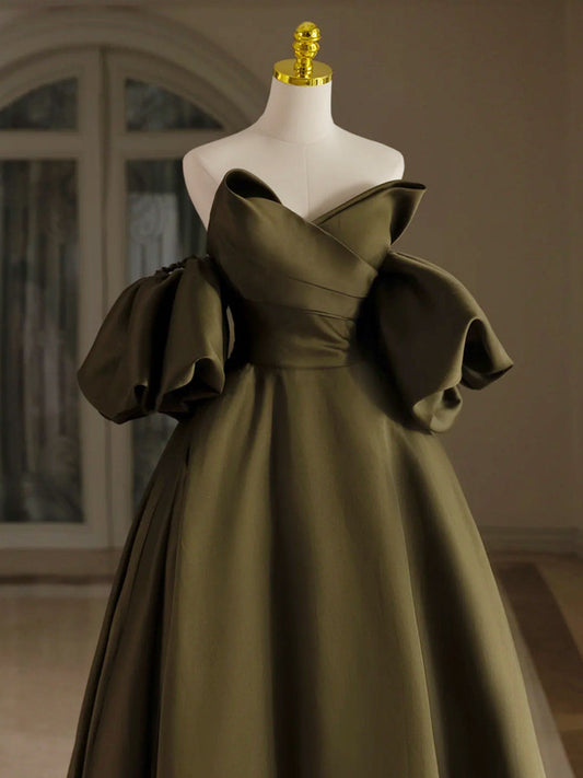 A-Line Puff Sleeves Olive Green Satin Long Prom Dress Olive Green Long Evening Dress